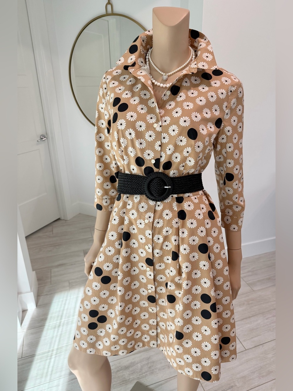 Talbots Petite Women’s Shirt Dress | Size 8P | Camel/Black/White | Cotton - Picture 4 of 15